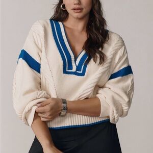 Maeve Women's Cream and Blue V-Neck Cable Sweater